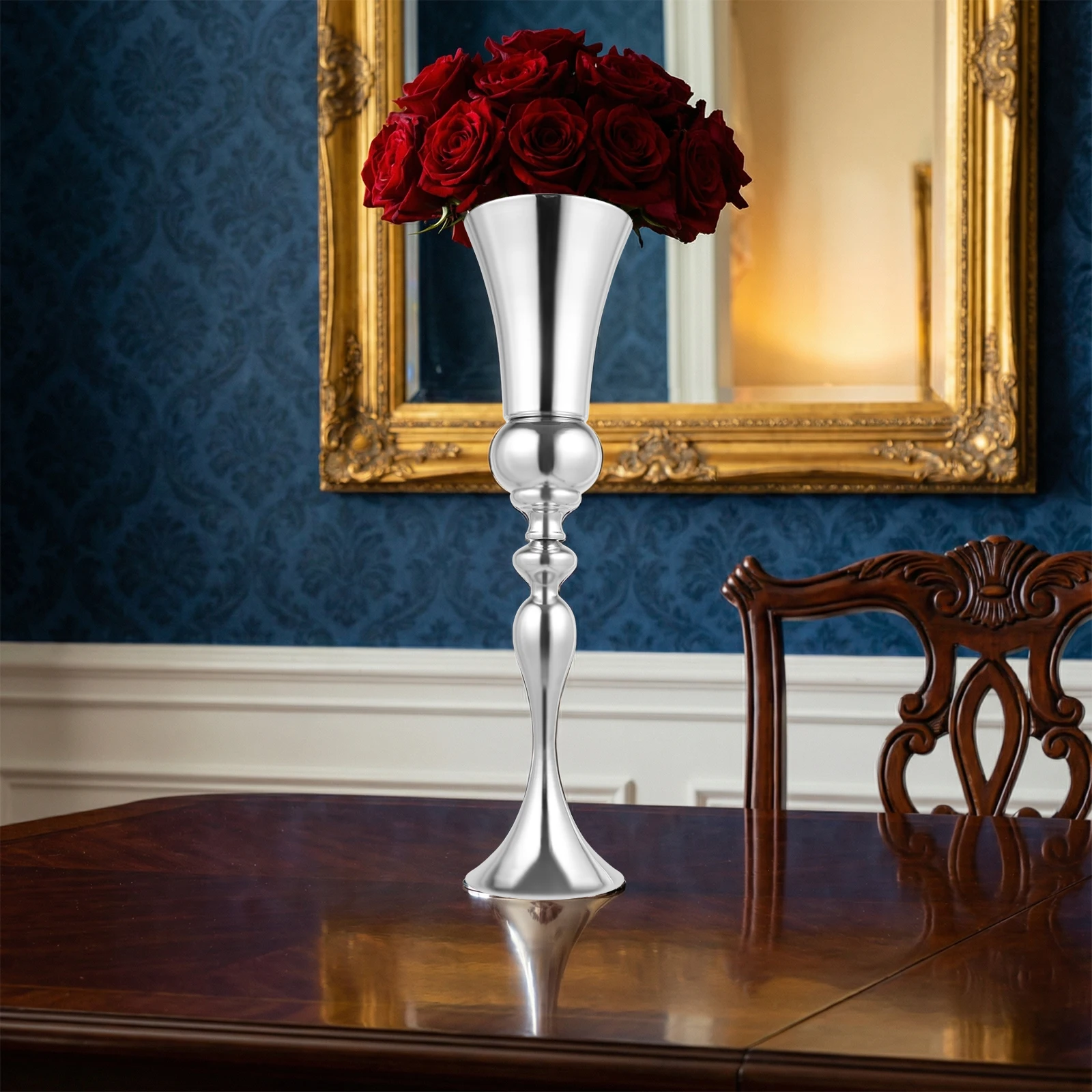 Hohe Bodenvase 29 Zoll, Silberne Dekorative Eisenvase mit Ausgestelltem Mundstück & Gewichtetem Boden für Hochzeits-Tischdekoration und Wohnraumgestaltung