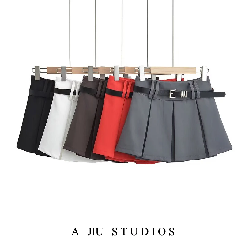 

High Waist A-Line Skirt with Belt Anti-Light Women's Spring Summer New Sle Pleated Skirts Street Sle Pure Color