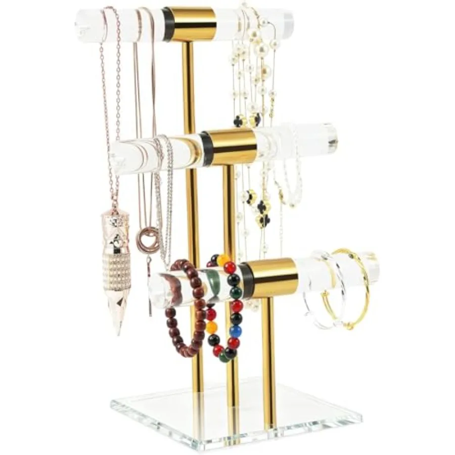 

T-Bar Tangle-free Necklace and Jewelry Display Stands 3-Tier Acrylic Bracelet Holder Stand Clear Gold Jewelry Organizer with St