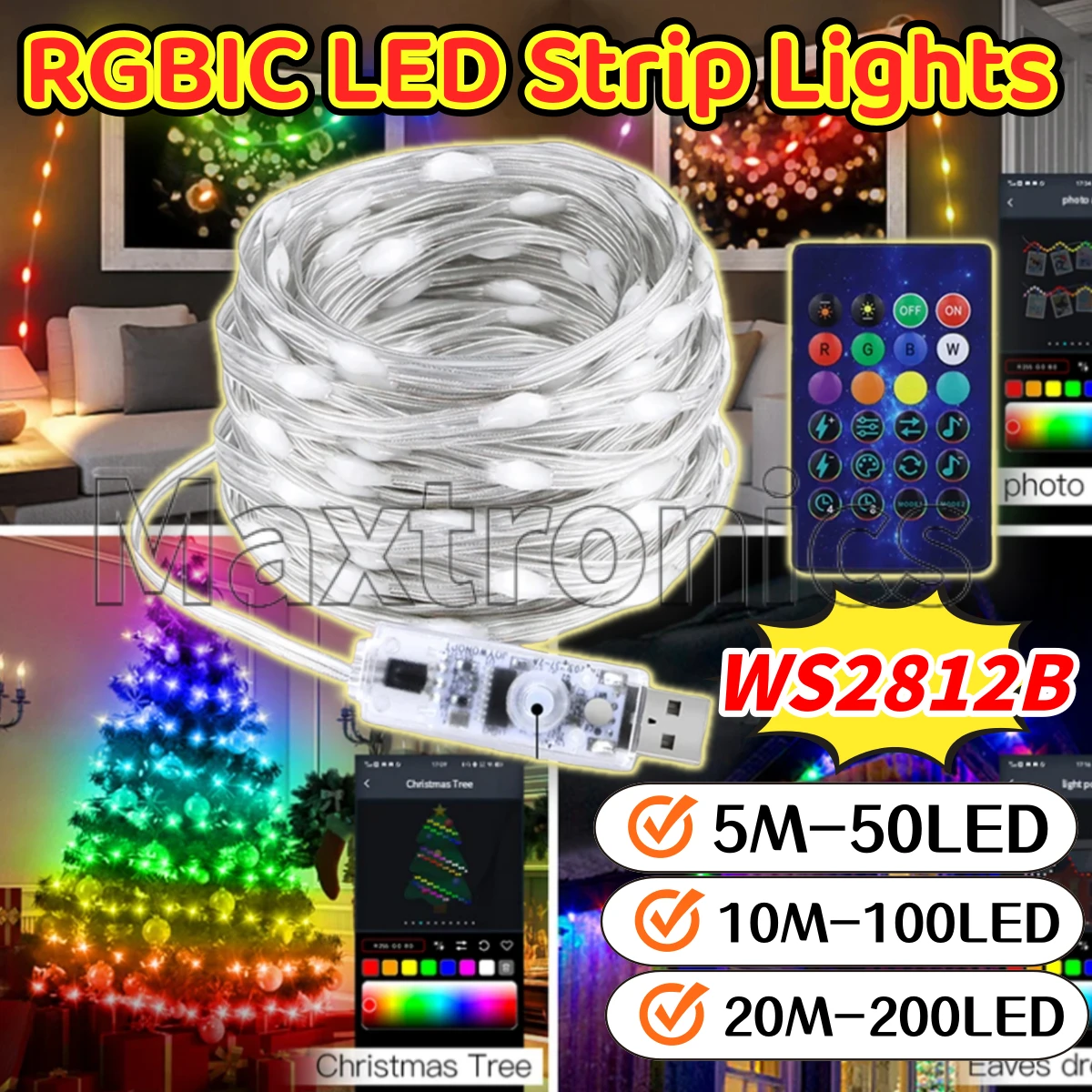 5/10/20M WS2812B RGBIC LED Strip Lights Bluetooth APP Control DIY USB Lamp for Dreamcolor Party Tree Wedding Fairy Garland Deco