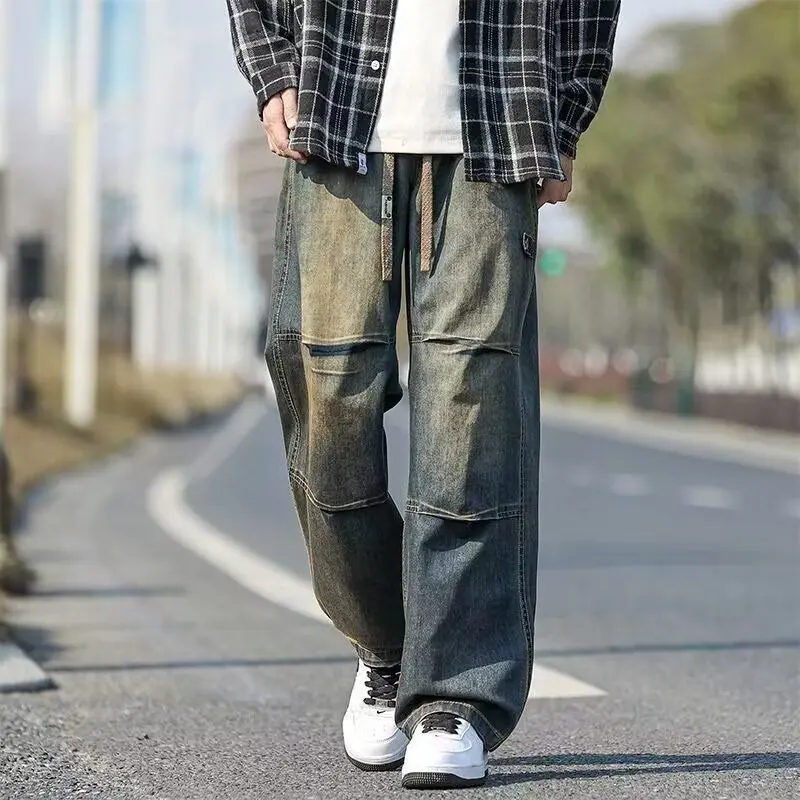 

American retro pleated jeans for men in spring and summer thin high street loose straight versatile casual workwear pants