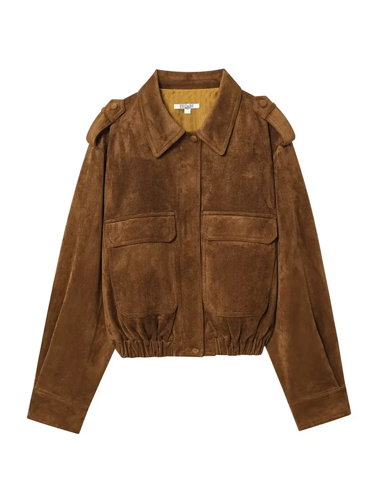 HH المرأة الخريف موضة الرجعية تنوعا الجلد المدبوغ التلبيب معطف طويل الأكمام الإناث أنيقة عالية الشارع سستة جيب سترة فضفاضة Mujer