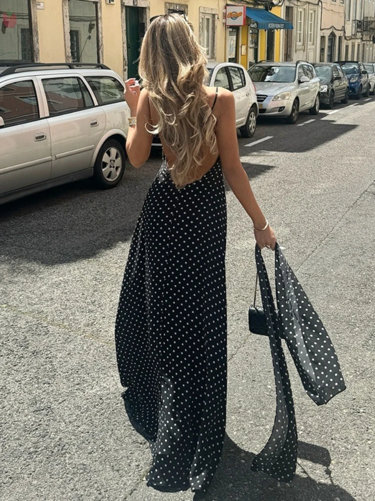 

FDYOUI 2026 Summer Spaghetti Strap Long Maxi Dress High Street Women Sleeveless Bandage Polka Dot Evening Party Dresses Black