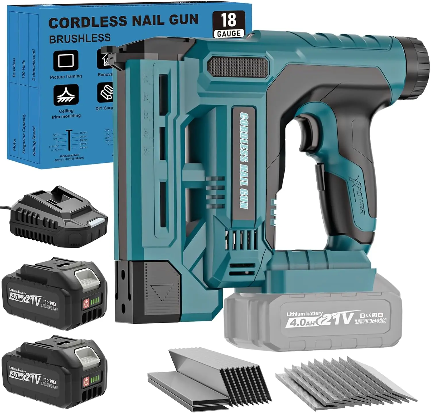 

Беспроводной гвоздезабиватель и степлер 2-в-1 (18 калибр) с аккумулятором 4.0 Ач, в комплекте гвозди и скобы для деревообработки и DIY