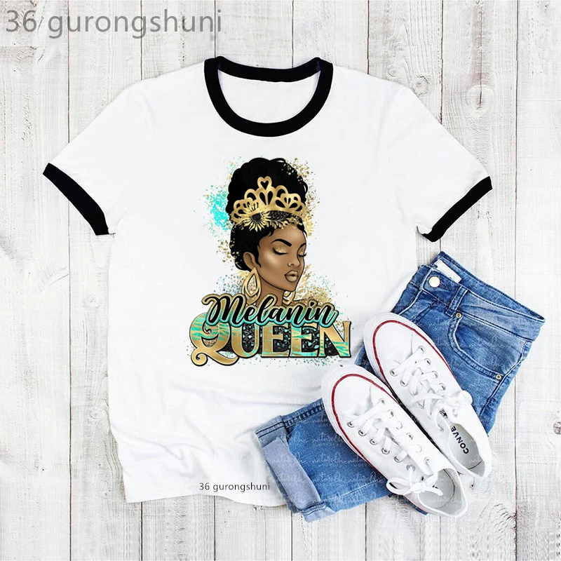 2022 Summer Fashion Golden Melanin Queen Graphic Print Tshirt Women Black Girl Magic Makeup T Shirt Femme Harajuku Shirt Tops