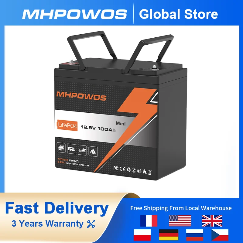 

MHPOWOS 12V 100Ah Mini LiFePo4 Battery BMS 12.8V Lithium Iron Phosphate Cells Pack For RV Boat Motors Inverter Solar Powerlar