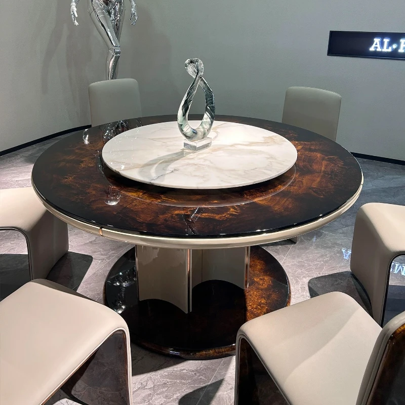 

Solid wood dining table and chairs villa luxury model room high-end atmosphere round table dining table
