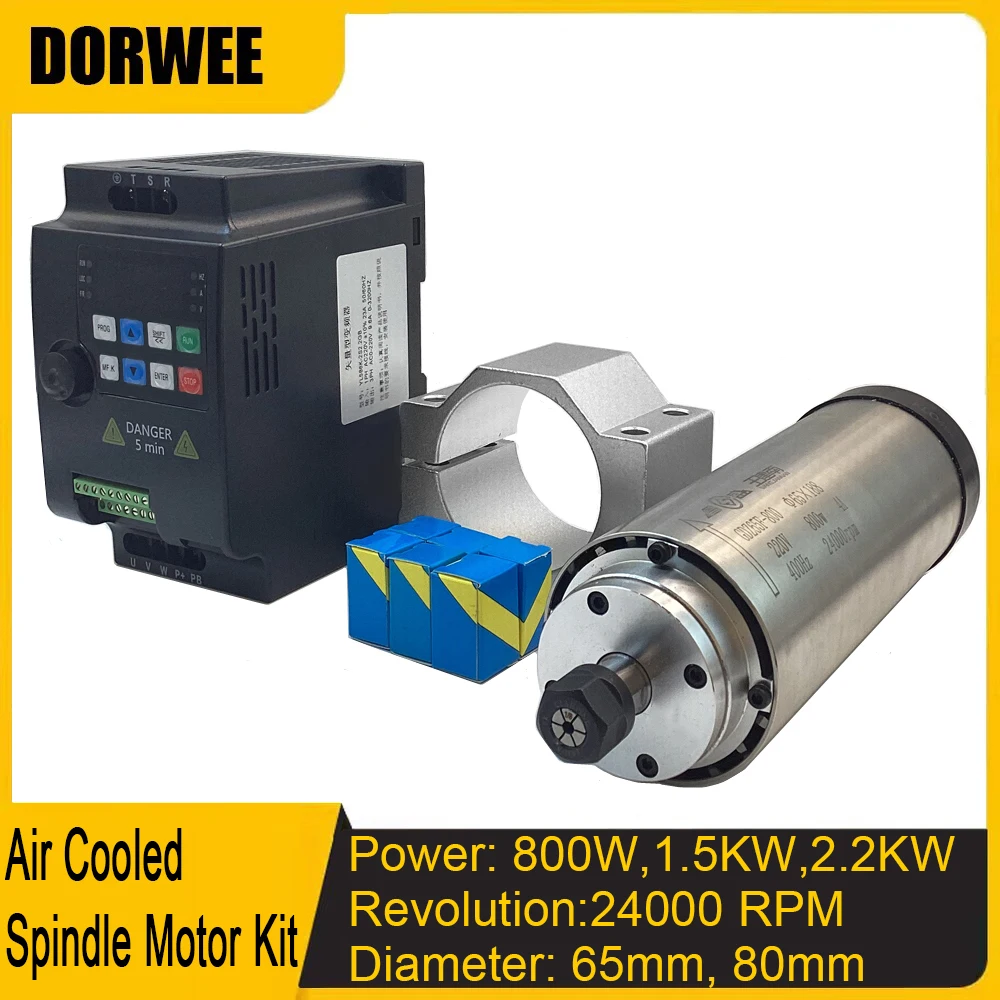 800W 1.5KW 2.2KW CNC Air Cooled Spindle Motor Kit CNC Router Spindle 220V 380V 24000rpm 4 Bearings  for CNC Router Carved wood