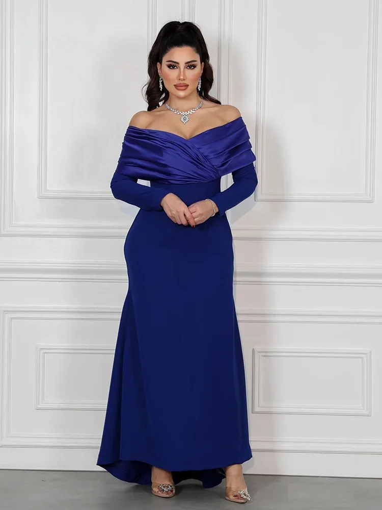 Indie Elegant Pleated Evening Gown Women's Off Shoulder Mermaid Long Sleeve customized Prom Dress Ankle Formal Occasion Dresses