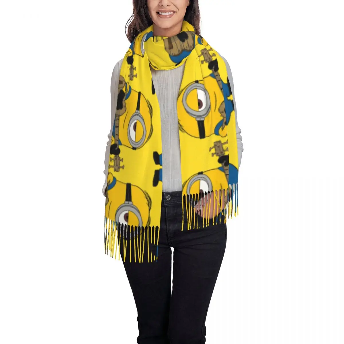 In Autumn Winter Play Guitar Hijab Minion Despicable Me Simple Poncho Gift Ladies With Tassel Outwear