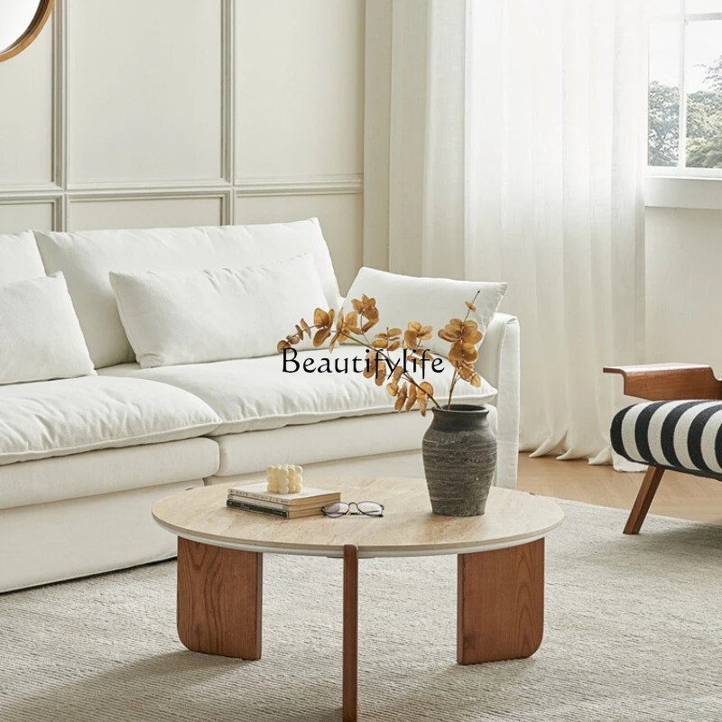 

French medieval solid wood coffee table small apartment travertine rock slab round small tea table