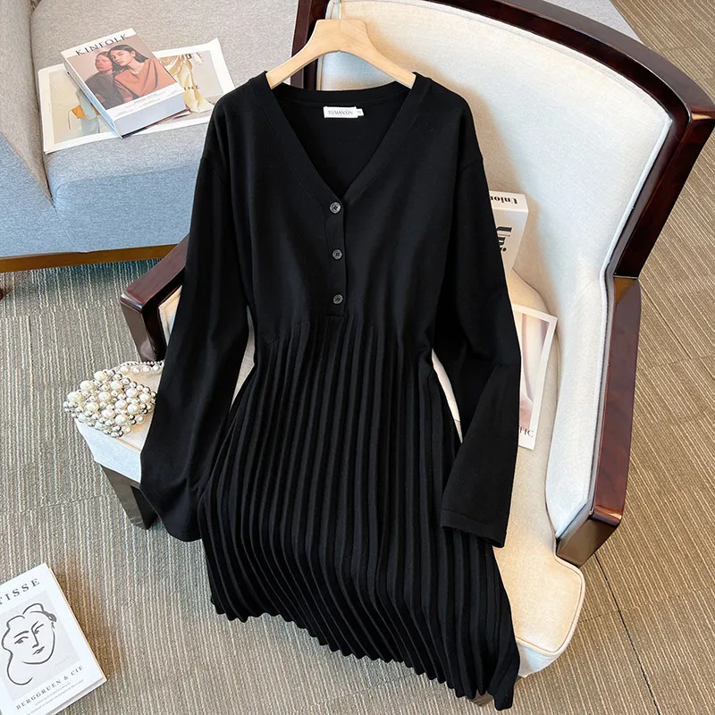 155Kg Plus Size Women's Bust 160 Spring Autumn New Loose V-Neck A-Line Sweater Dress Black Apricot 5XL 6XL 7XL 8XL 9XL 10XL