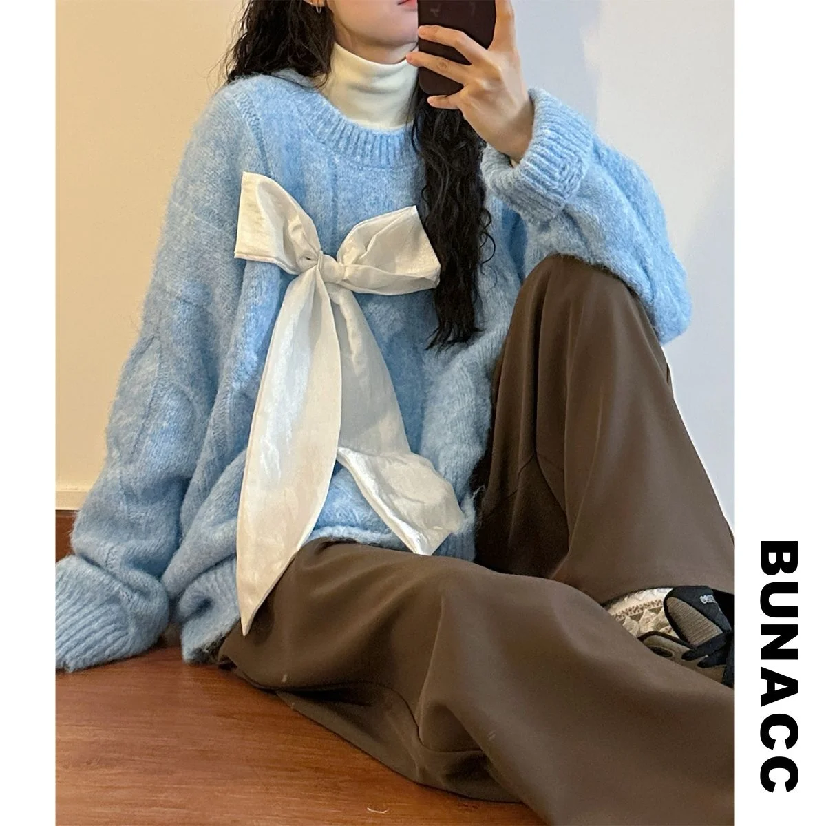 

Вязаный свитер Thiened, круглый вырез, пуловер, с узлом, в американском ретро-стиле, для отдыха, уличный стиль, свободный крой, осенне-зимний...