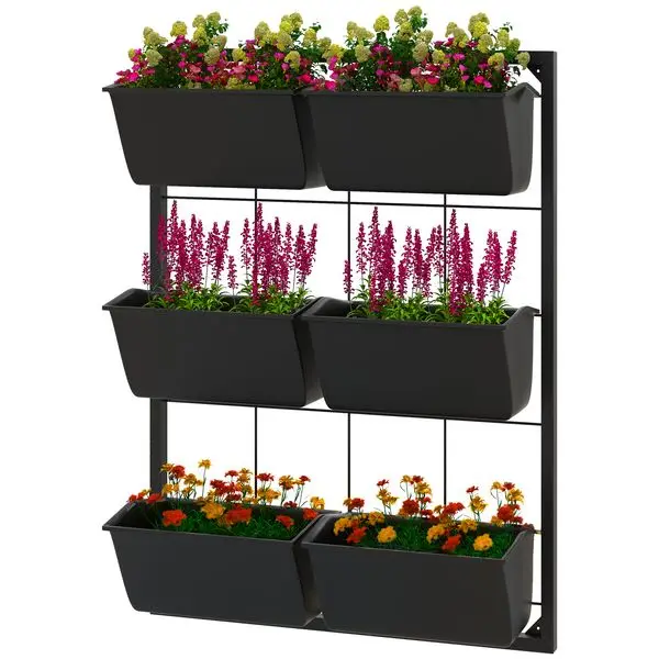 

Outsunny Wall Planter with 6 Pots, 3-Tier Design, Black, Ideal for Flowers and Vegetables, Enhances Garden Space