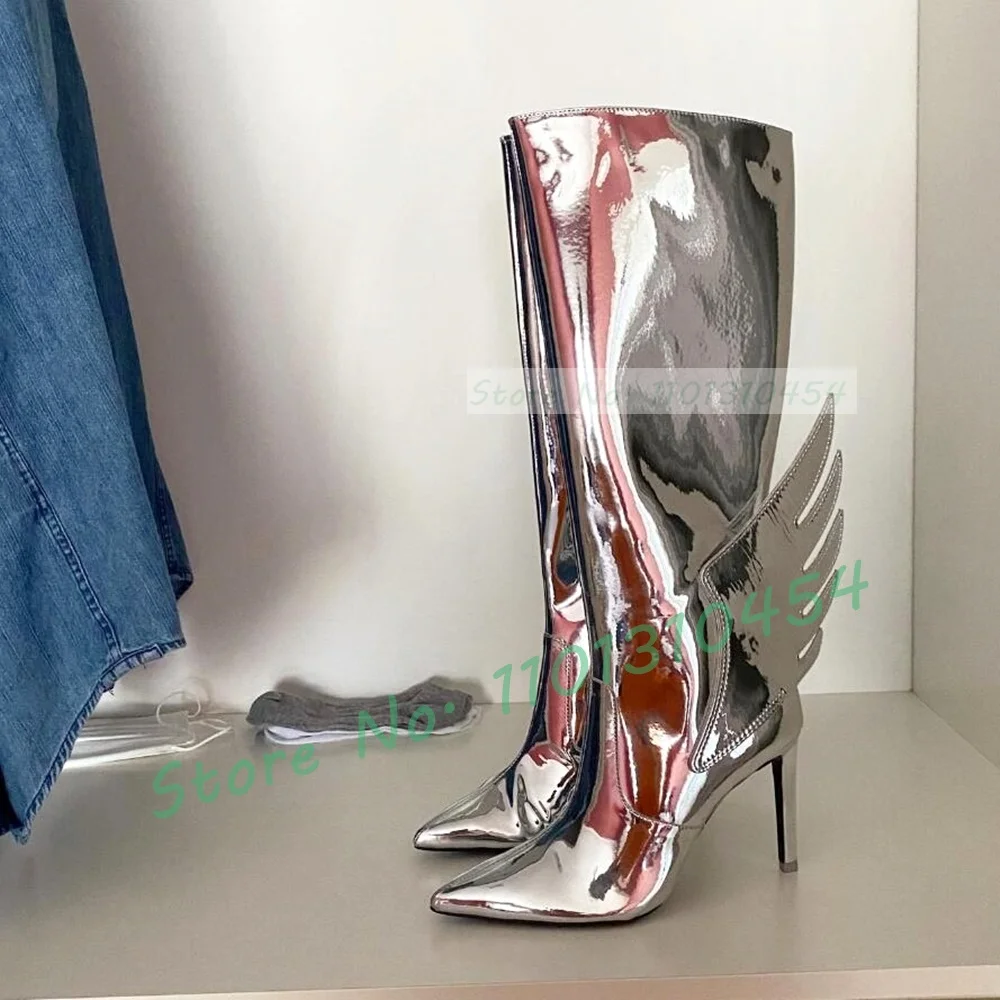 Silver Wings Knee High Boots Women Shiny Croc Pattern Wide Legs Pointy Stiletto High Heels Fashion Ladies Dark Style Dress Shoes