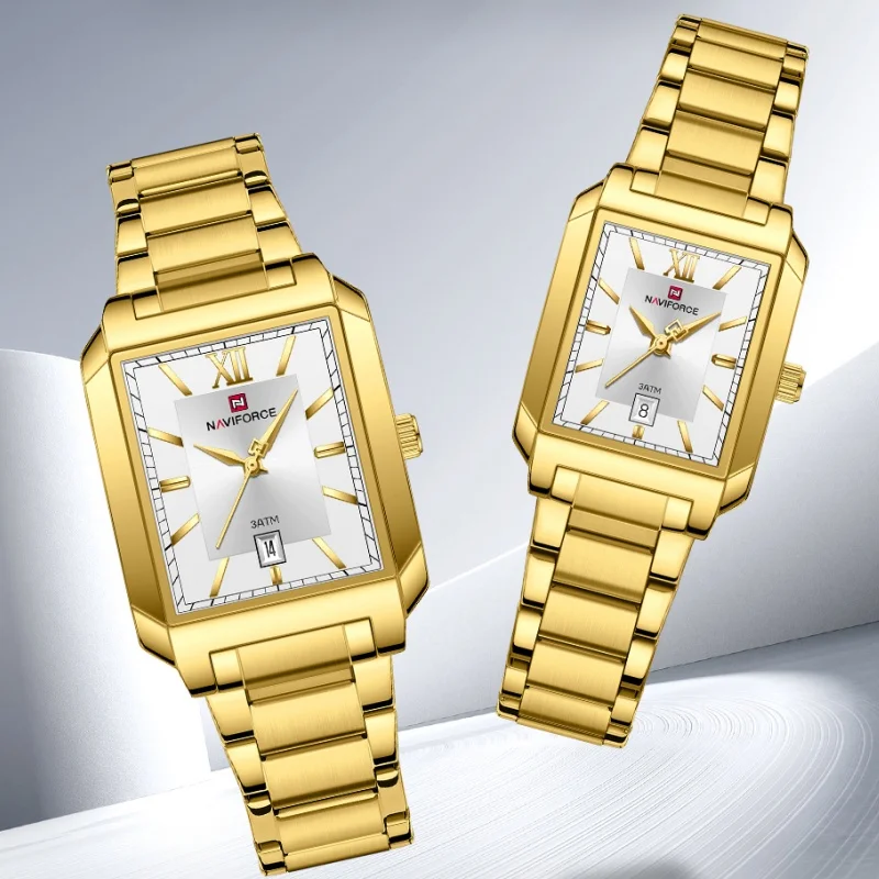 NAVIFORCE زوجين ساعة تذكارية يوم هدية كوارتز عشاق ساعة 3ATM مقاوم للماء مؤشر مضيئة الفولاذ المقاوم للصدأ حزام الساعات 9251GL