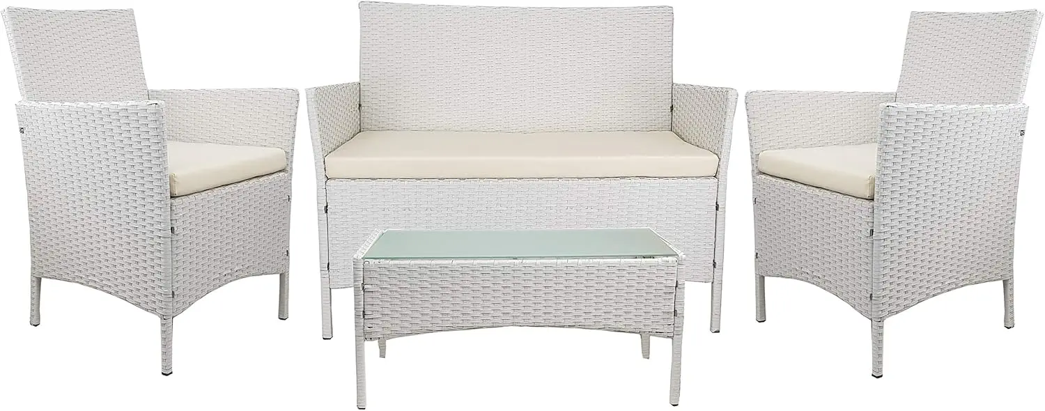 Set Praga Salotto Completo di Divano 2 Poltrone e Tavolino in Vetro e Poly Rattan Struttura in Acciaio con Cuscini