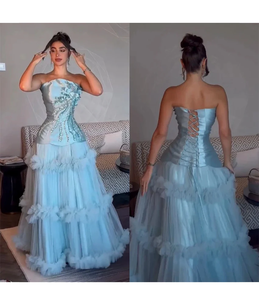 

MCDV Customized Graceful Tulle A-Line 3D Flowers Sequined Beading Ruffles Evening Dress Sexy Strapless After Party Dress