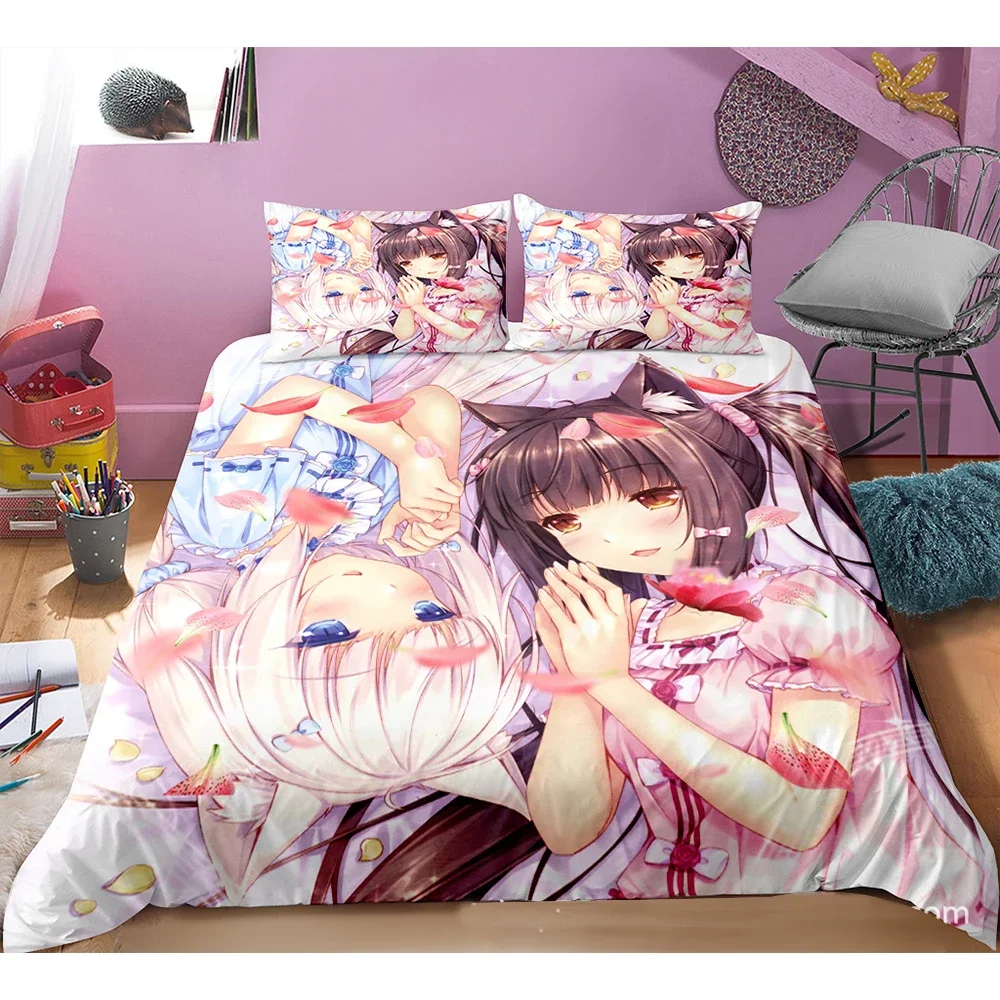 Cute Anime Cat Maid Pattern NEKOPARA 3pcs Bedding Set Game Printing Duvet Cover and Pillowcase Bedroom Decorate for Otaku Teens