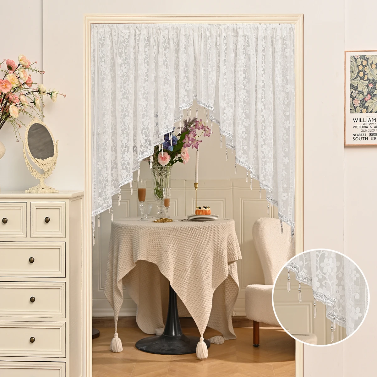 

French Country Lace Floral Sheer Curtain with Beaded Triangle Curtains for Kitchen, Doorway Vintage Voile Farmhouse Curtain