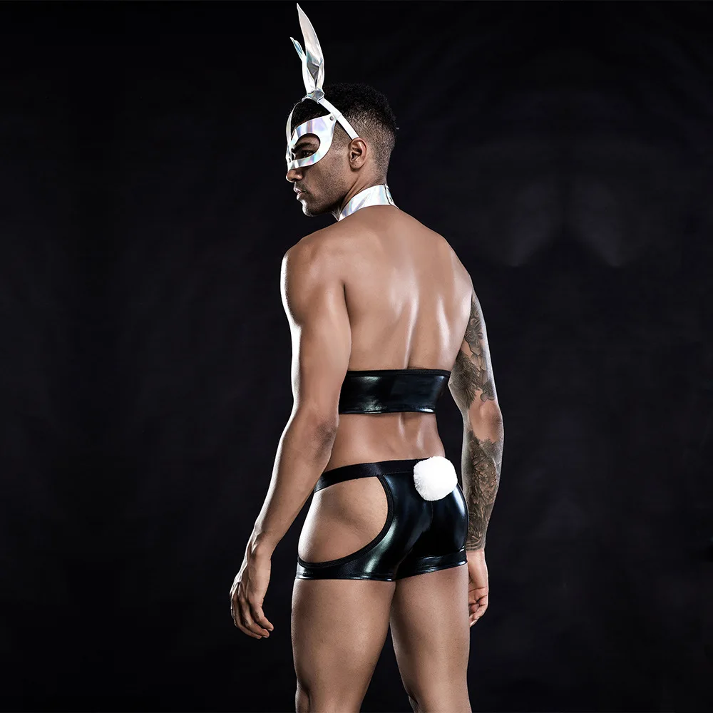 Male Sexy Cosplay Bunny Boy PU Lingerie Costumes Man Night Club Role Play Waiter Uniform Erotic Hormone Rabbit Outfit