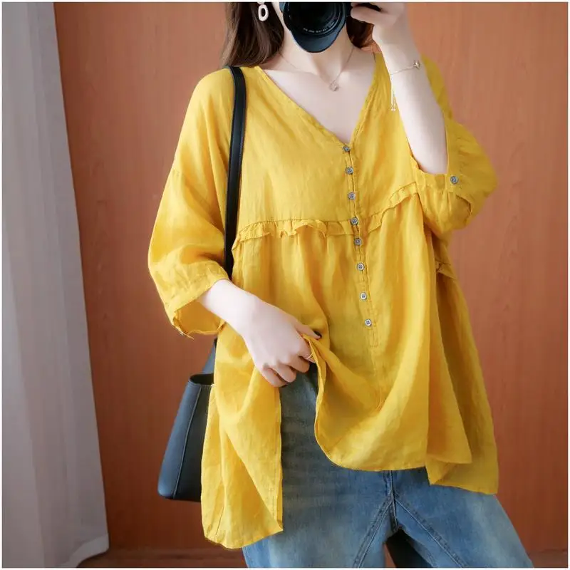 Women Summer Trendy Ruffle Oversized Asymmetrical Blouses Solid V Neck 3/4 Sleeve Cotton Linen Shirts Y2K Streetwear Tops Ropa