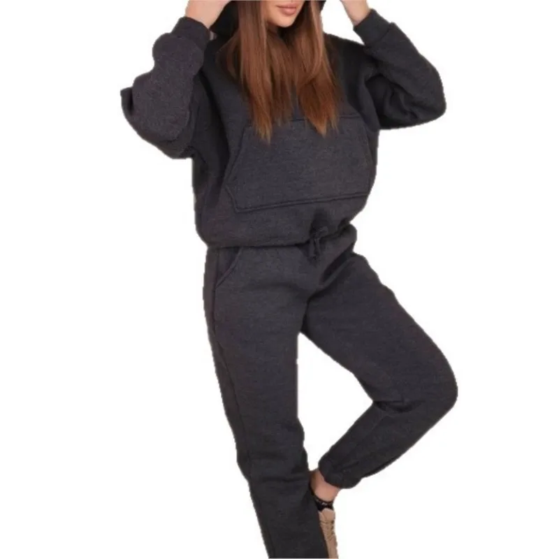 الخريف الشتاء سميكة المرأة مقنعين البلوز الصوف 2 قطعة مجموعة أزياء بسيطة جيب فضفاض الرياضة عارضة قطعتين مجموعة
