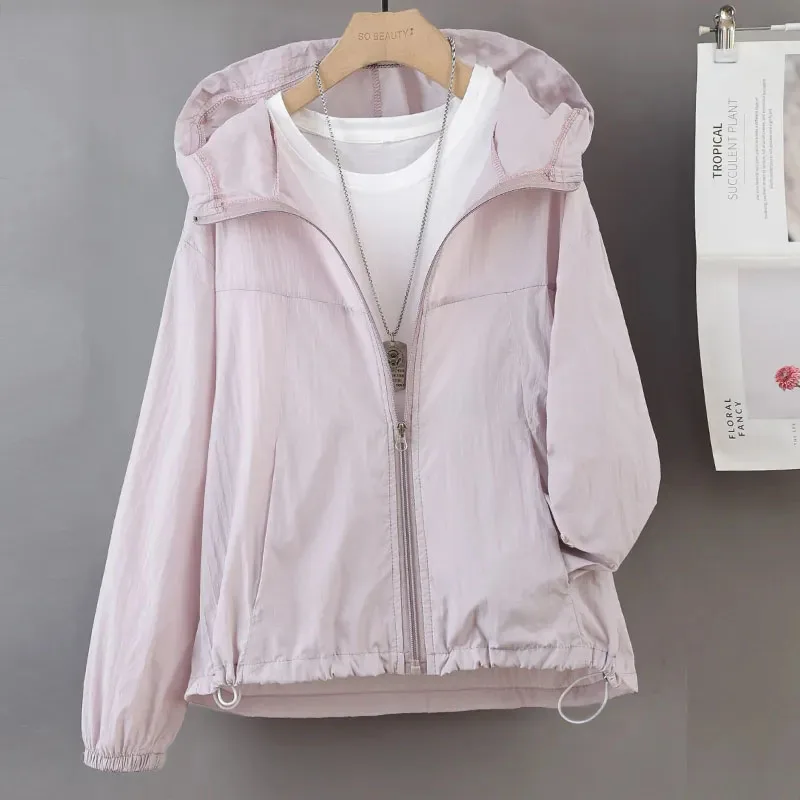 Korean Minimalist Commute 2025 Summer Thin Hooded Loose Sunscreen Clothing Women's Solid Cardigan Zipper Pockets Versatile Coats