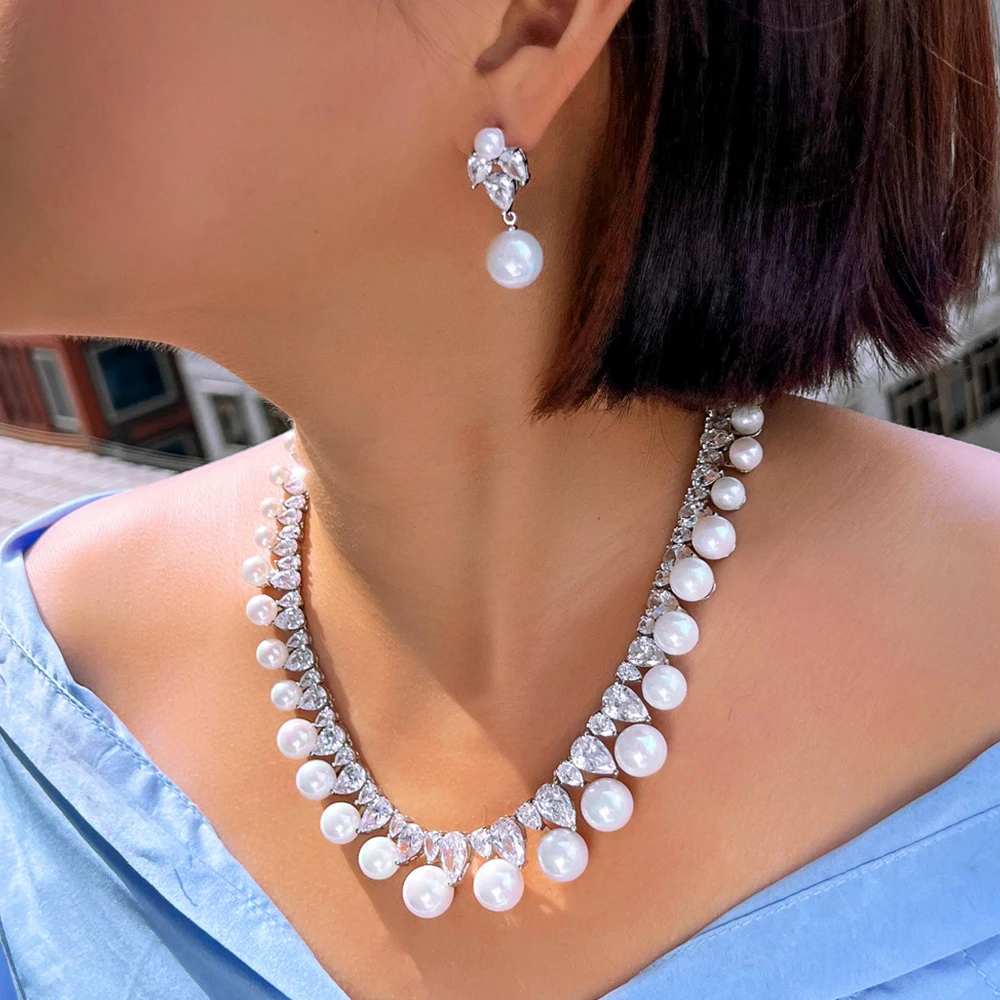 BeaQueen Luxury Water Drop Cubic Zirconia Charming White Pearl Necklace Earrings Jewelry Sets for Women Wedding Engagement JS435