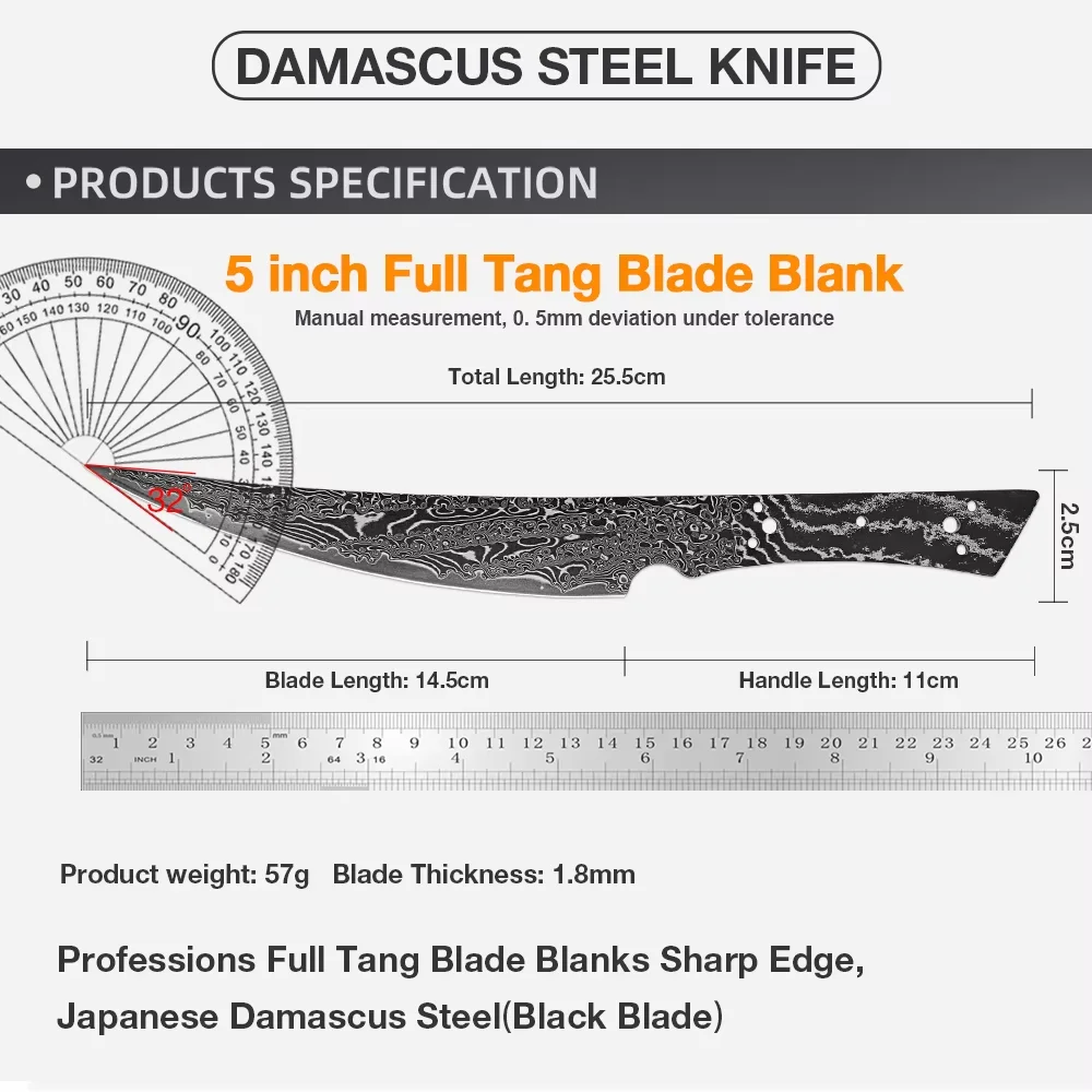Damascus Steel Utility Knife Blank Curved Edge Blade Blank with Tang Heat Treated Hand Forged  Sharp,Ready Knife Making Supplies
