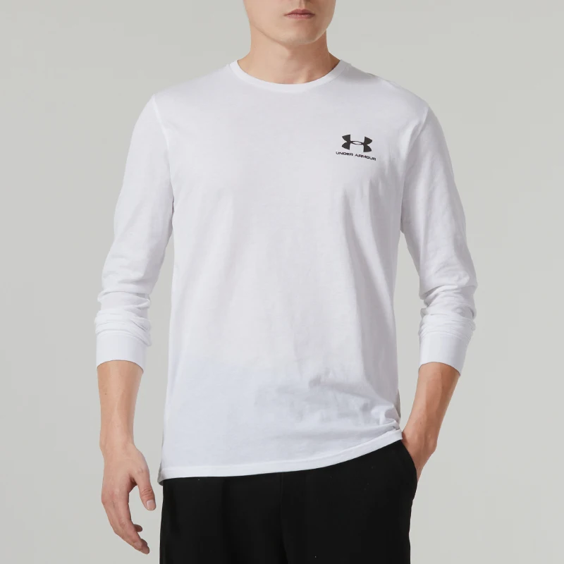 Underarmour Men's Long-Sleeved T-Shirt Running Basketball Badminton Training Clothing White Round Neck Breathable Pullover Top Sweatshirt 1329585-100