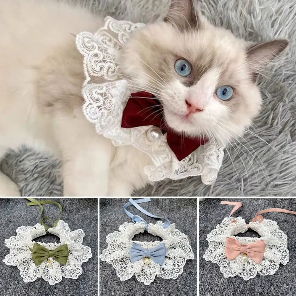 Lace Bowknot Pearl Collar Cat Dog Neckerchief Pet Cats Kitten Dog Puppy String Bib Necklace Necktie Neck Strap Scarf Accessories