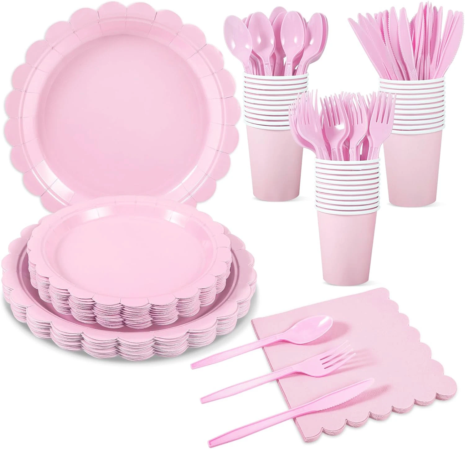 Hellrosa Geburtstagsparty-Zubehör, rosa Einweggeschirr, Papierserviette, Tassenteller, Tischdecke, Banner für Hochzeitsdekoration