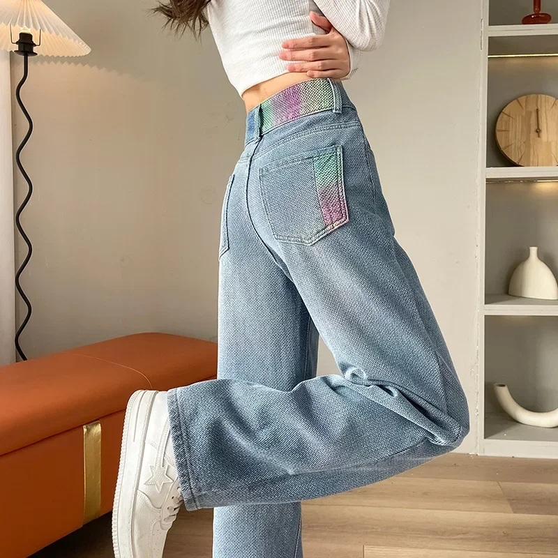 

Fashion Spell Color Denim Straight Leg Pants, Ladies Spring and Autumn New High-waist Loose Narrow Version of Wide Leg Jeans