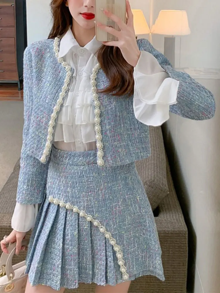 Fashion Elegant Tweed Suit Women\'s 2023 Autumn Winter Sweet Round Neck Beaded Short Coat+High Waist Pleated Skirt Two-Piece Set