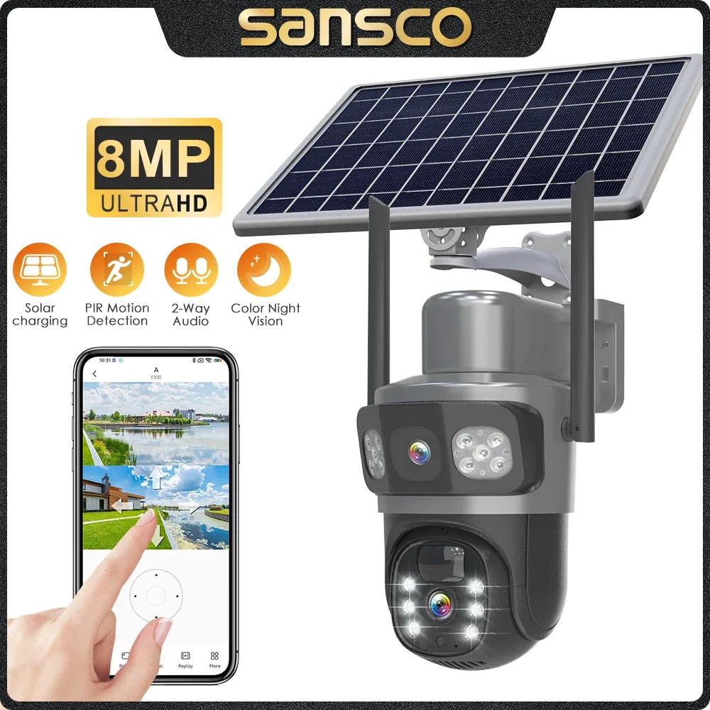 

SANSCO 4K 8MP Dual Lens WIFI Solar Camera Dual Screen Battery PIR Human Detection Outdoor 4MP PTZ Security IP Camera Eseecloud