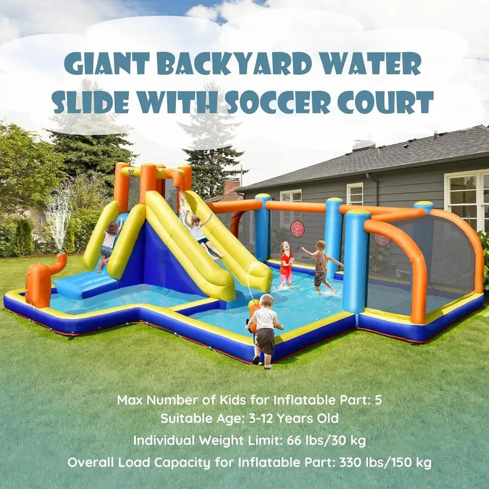 Iatable Water Slide, Giant Soccer Water Park Bounce House w/Goals for Outdoor, Splash Pool, Climbing, Blow Up Water Sl
