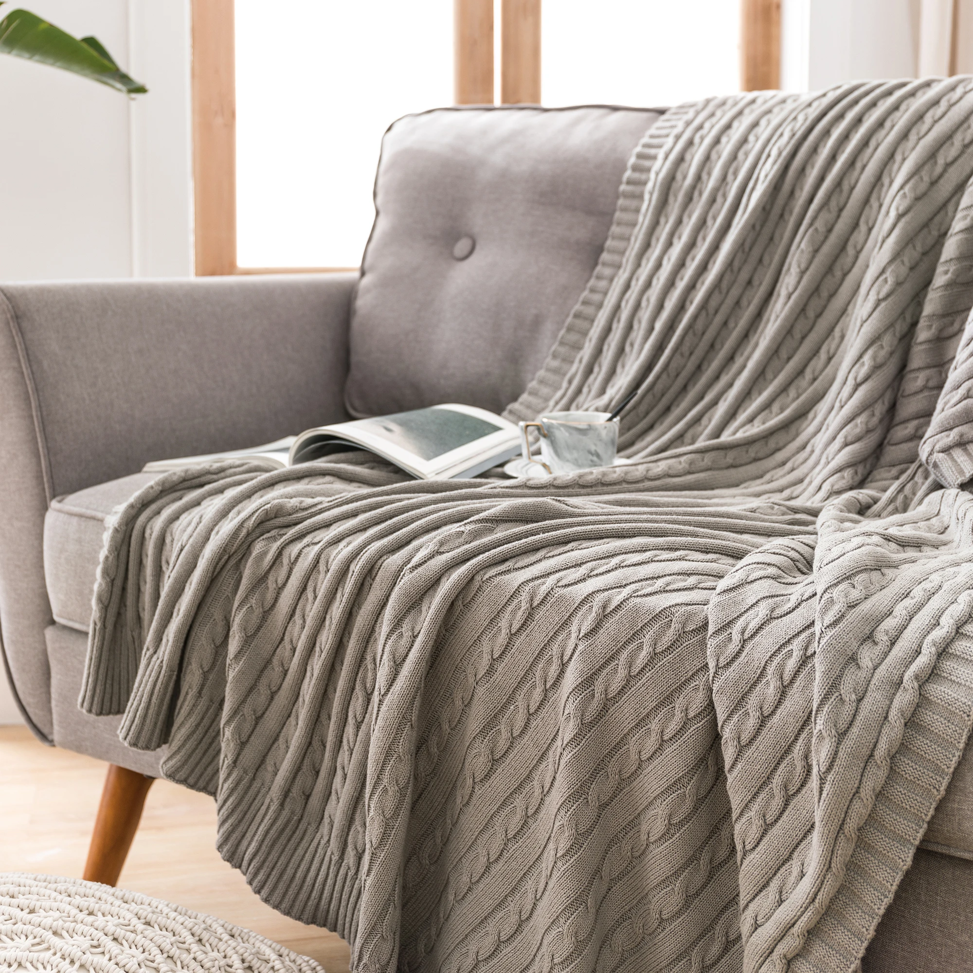 Battilo Cotton Knitted Throw Blanket Soft Cozy Cable Knit Sofa Throws Large Heavyweight Decorative Blanket for Twin Queen Bed