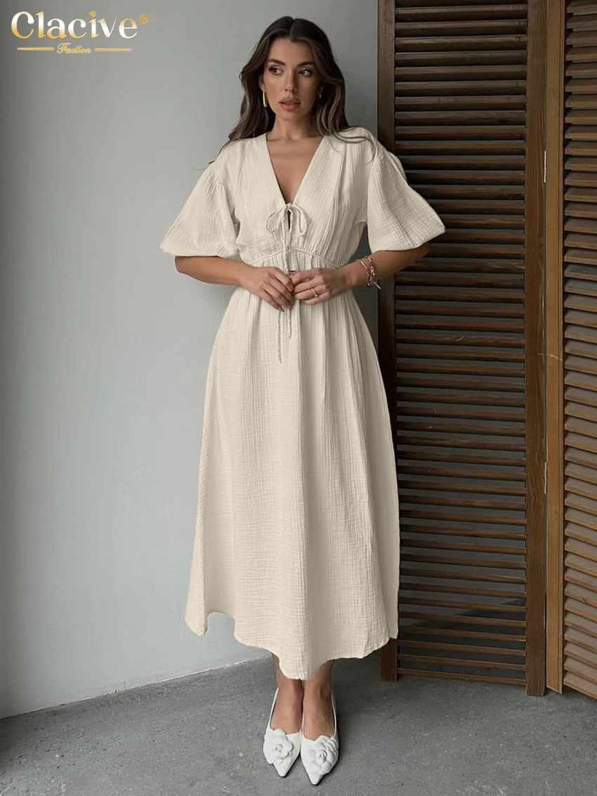 

Clacive Summer Loose Apricot Cotton Women Dress 2025 Sexy V-Neck Short Sleeve Ankle Length Dresses Elegant Lace-Up Female Dress