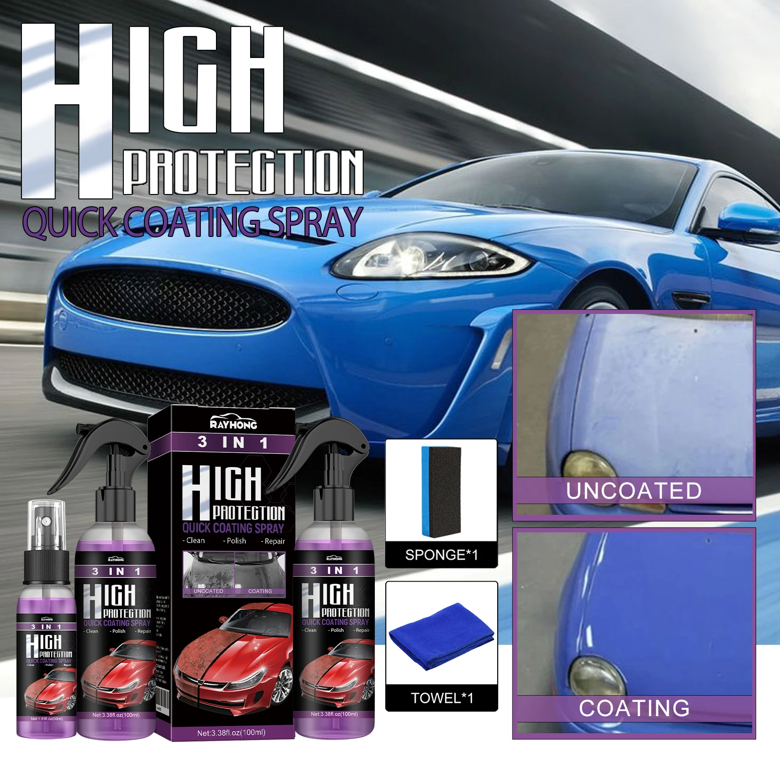 

3 IN 1 Car Quick Ceramic Coating Spray 100ml High Protection Car Coating Wax Polishing Spray Auto Body Compound Scratch Repair
