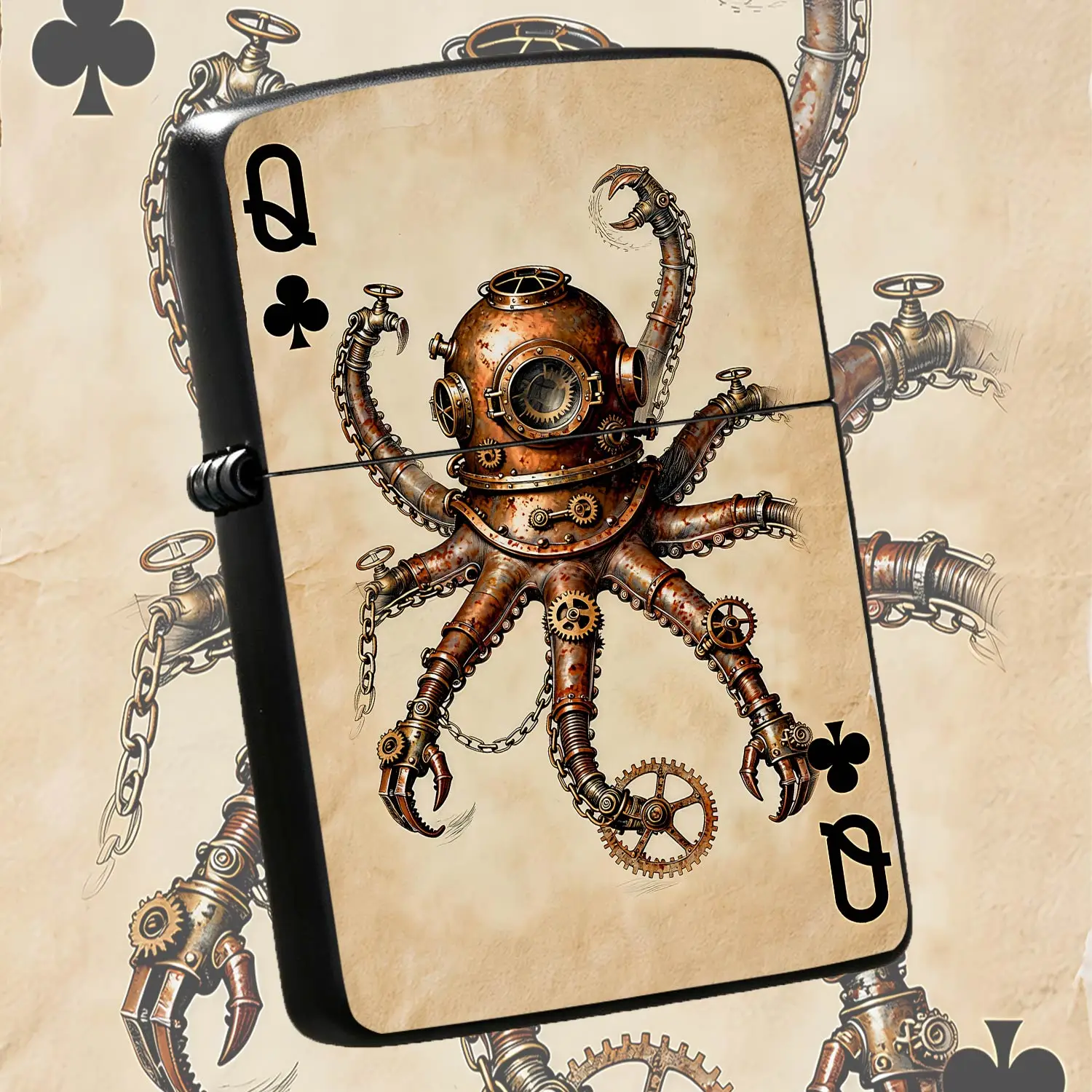 Steampunk Mechanical Octopus Of Clubs Poker Print Lighter, Retro Artistic Vintage Decor, Portable Practical Ignition Tool For Daily Home Outdoor Use, Unique Exquisite Festival Gift For Art Lovers A Humorous And Interesting Lighter