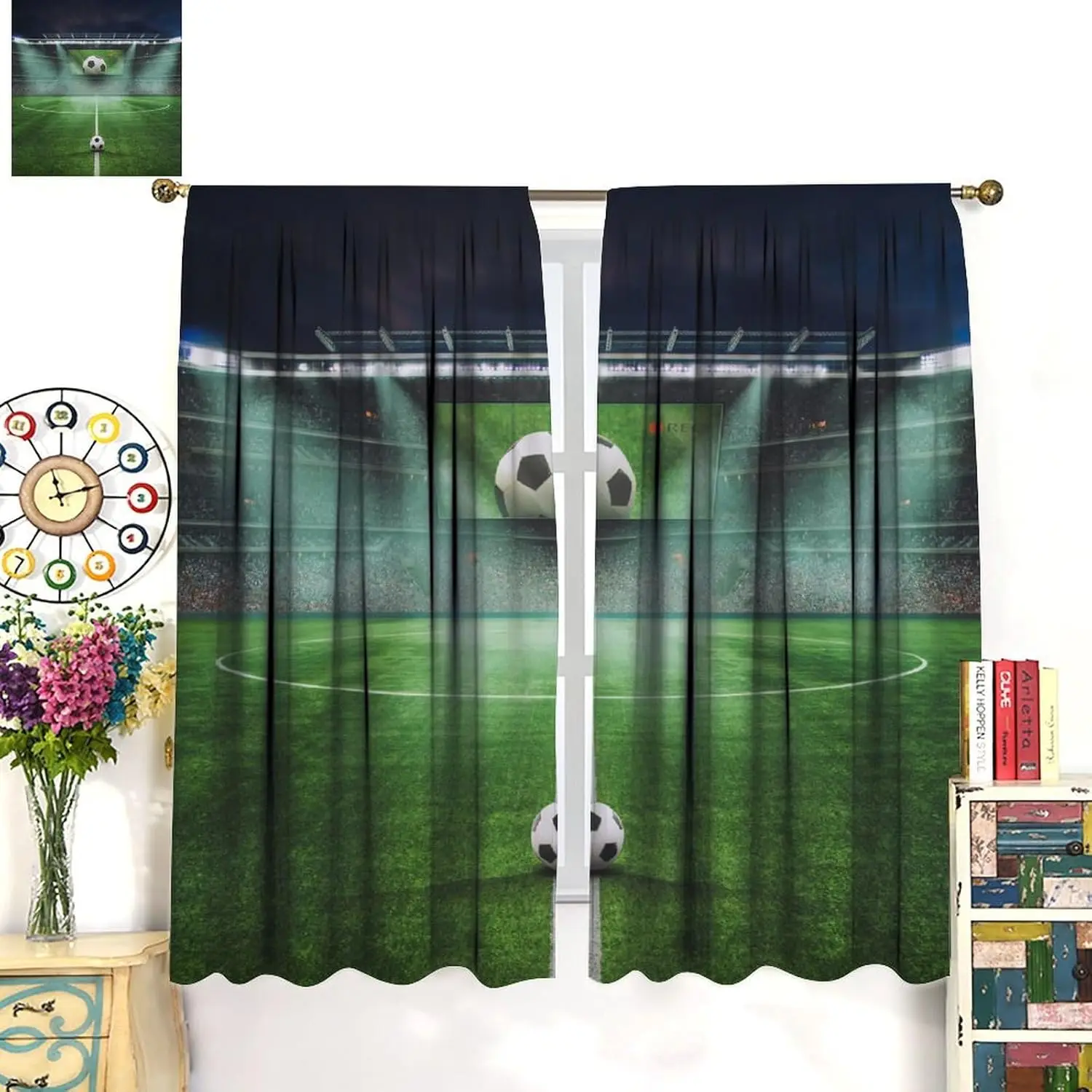 Soccer Curtains Green Field Lights Bleachers Show Moments Ball Games Color Illustrations Window Treatments Boys Teens Bedroom