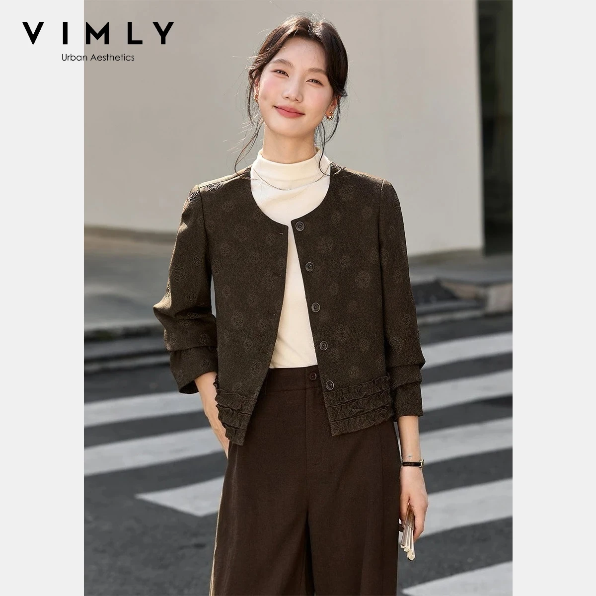 

Vimly Vintage Jacket Women's 2025 Autumn Textured Jacquard Ruffle Trim Round Neck Single Breasred Coat Lady Daily Wear A3135