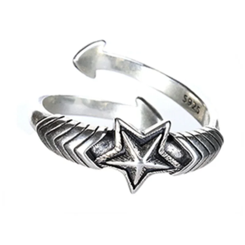 QN Silver Color Five Pointed Star Ring Hip Hop Star Ring Men's Vintage Advanced Trendy Opening Adjustable Jewelry