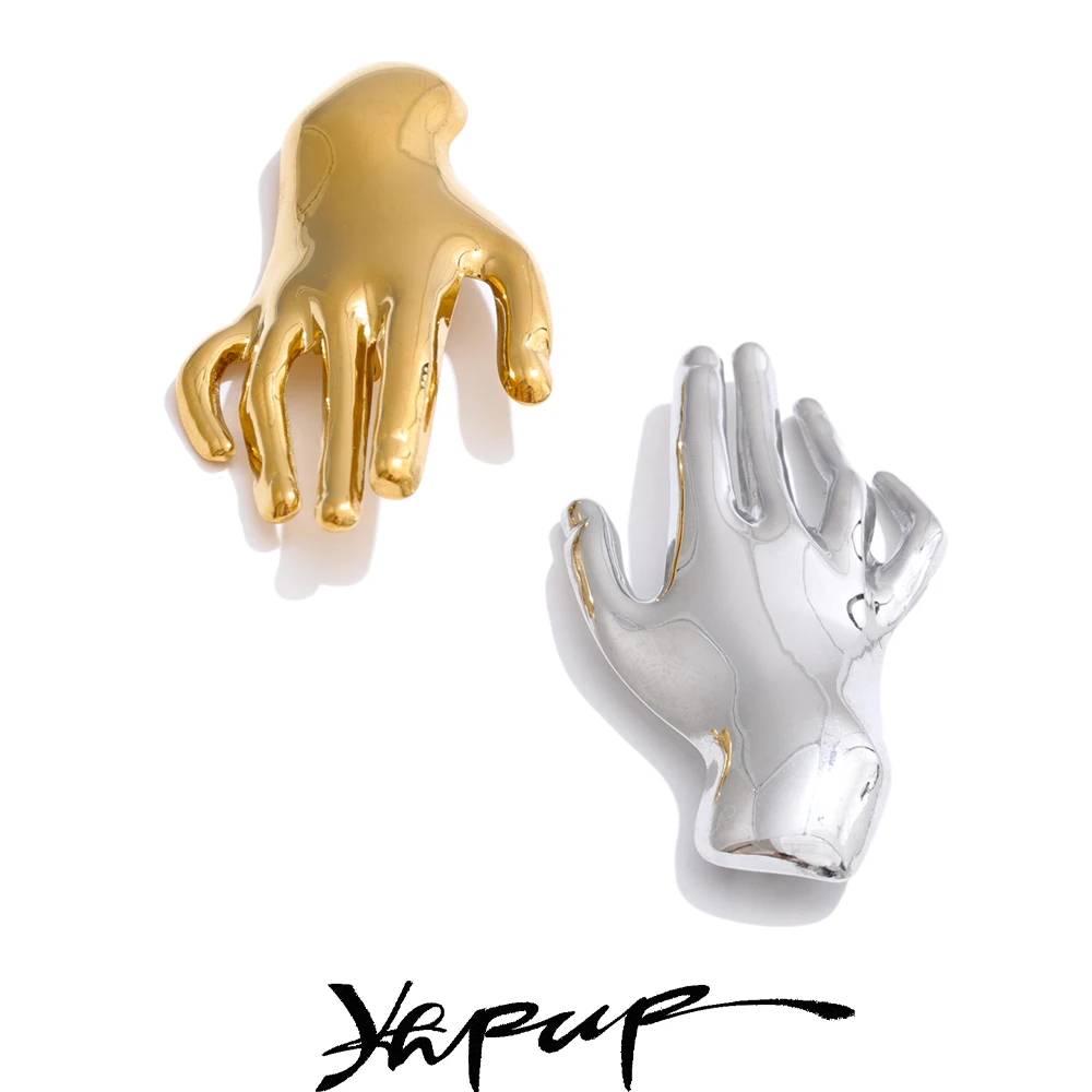 Yhpup Stylish Unique Glossy Stainless Steel Metal Hand Palm Brooch Pin Gold & Silver Color Creative Clothing Accessories New