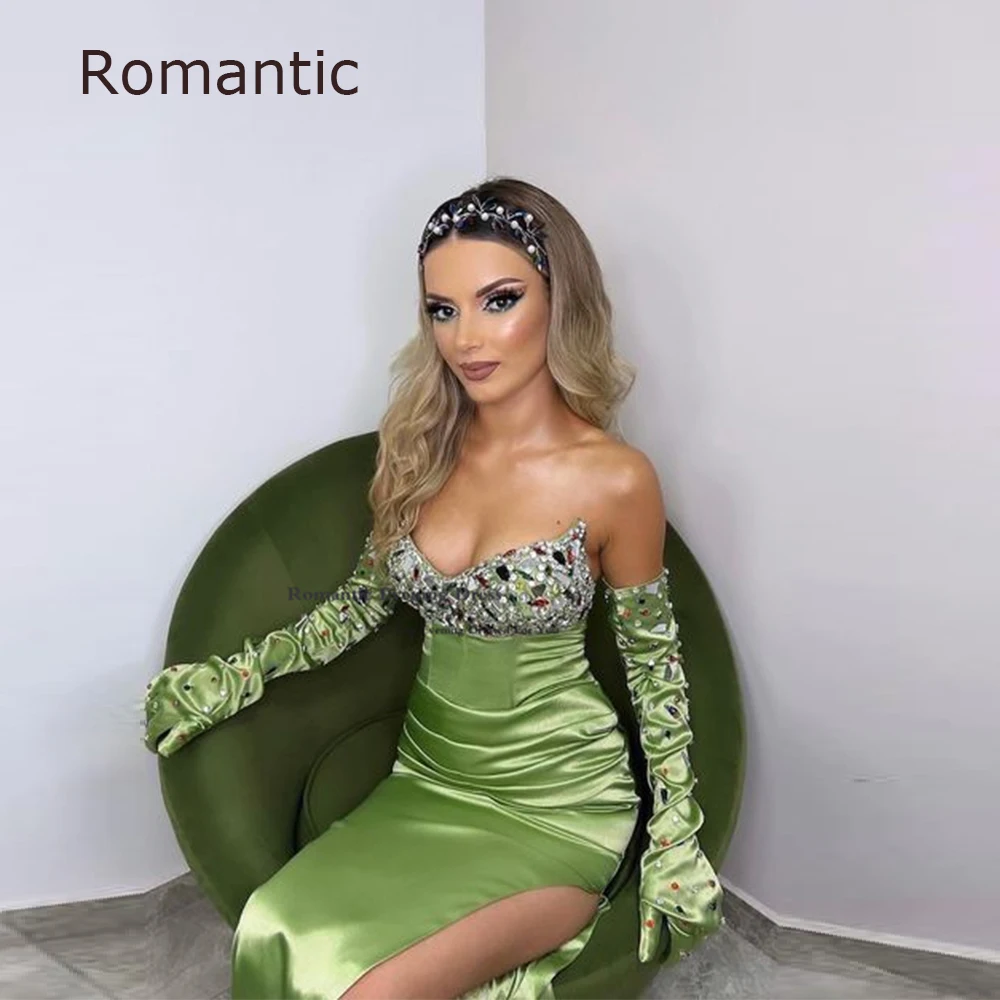 Romantic Luxury Sexy Green Satin Gloves Evening Dress Sparkly High Side Slit Beading Prom Gowns High Side Slit Club Party Gown