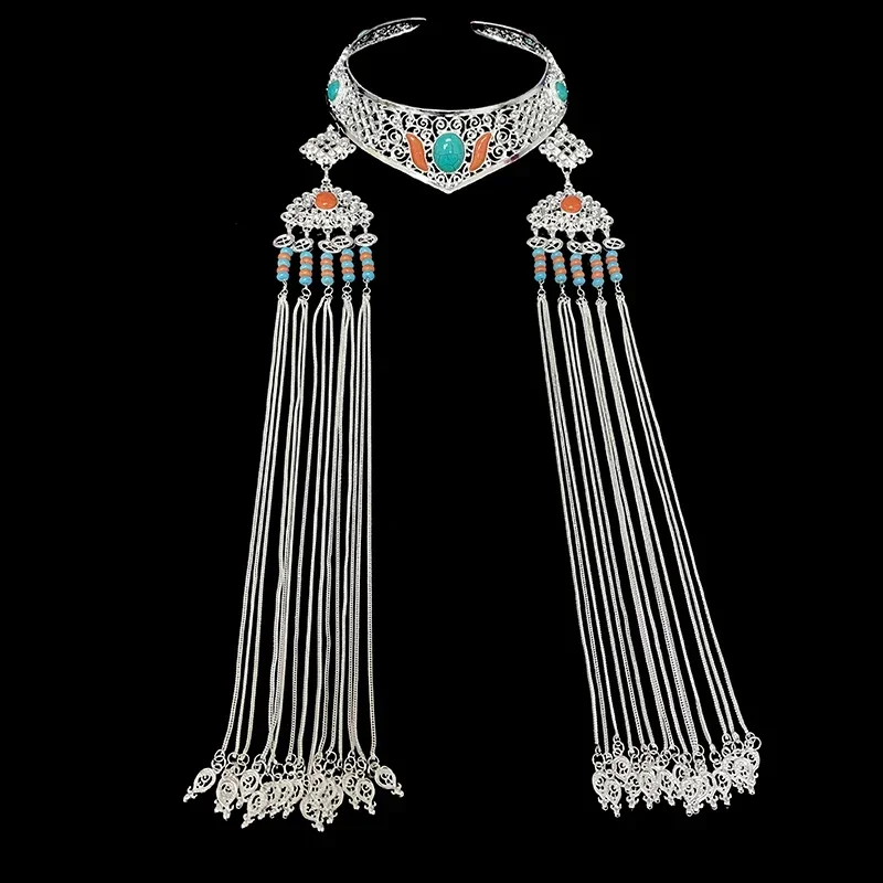 Headgear Female long fringed ethnic style performance Hair accessories Alloy imitation silver Mongolian wedding