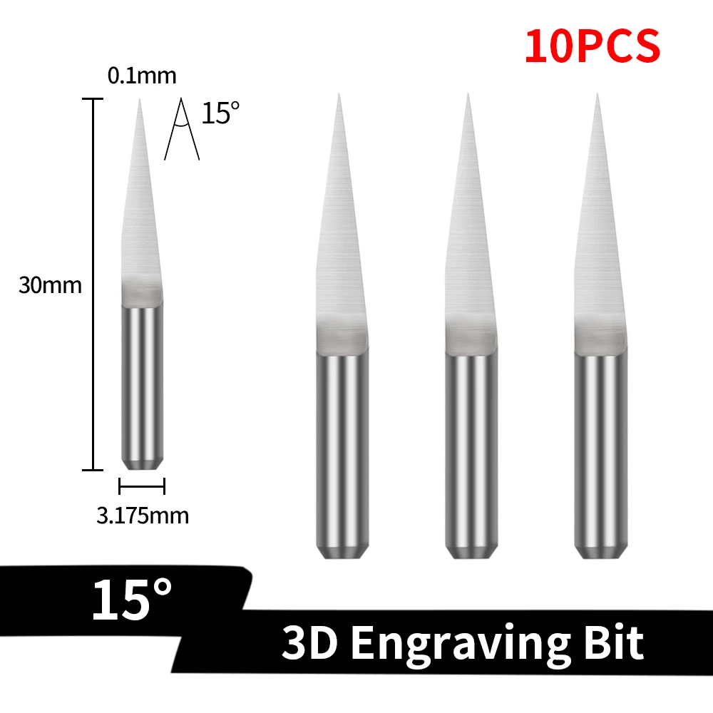 10PCS D3.175x15°x0.1 Tungsten Carbide Tapered Flat Tip Cutter Wood working CNC 3D Carving Bits Milling Cut