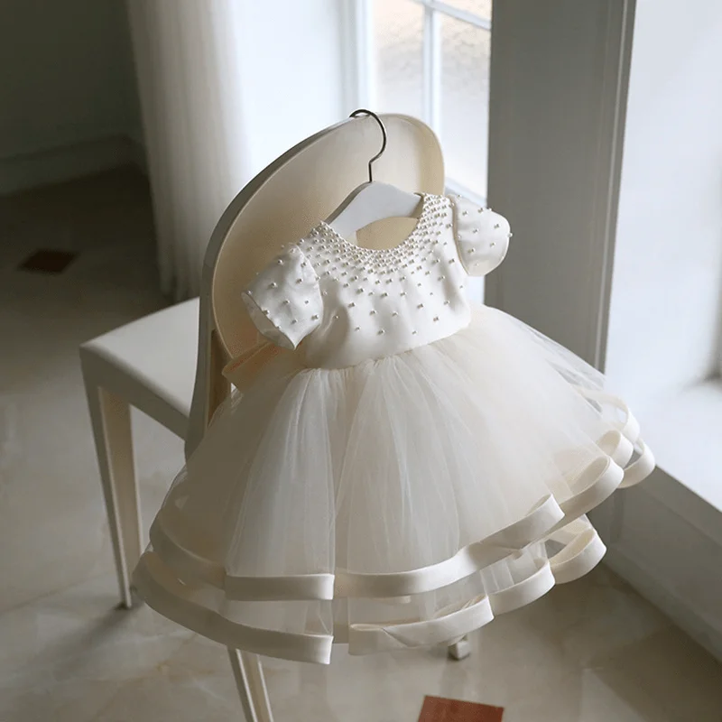 Baby Girl Princess Pearl Tutu Dress Infant Toddler Child Vintage Vestido Tulle Frocks Birthday Party Ball Gown Baby Clothes1-14Y