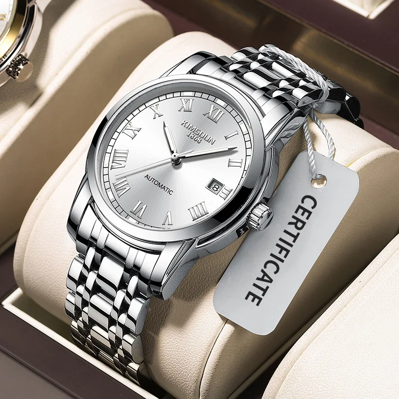 Business Stainless Steel Date Luminous Waterproof Solid Steel Band Self-Wind Automatic Mechanical Watch for Men